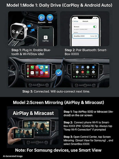 4-in-1 Wireless CarPlay & Android Auto Adapter – AirPlay & Miracast Media Hub – Seamless for Mixed Families – 5.8GHz Low-Latency & Auto-Connect – Factory Wired Cars Only (Silver)