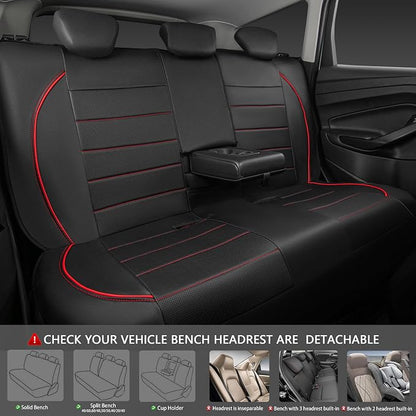 CAR PASS Leather Back Seat Cover,Piping Waterproof Bench Seat Cover, Rear Seat Cover Universal Fit for Cars Sedans SUVs Truck 95% Automotive Interior Backseat Car Covers (Rear,Black and Red)