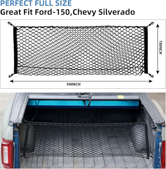 Truck Bed Cargo Net for Pickup Truck Bed - Premium Truck Bed Net for Trunk Organizers and Storage - Trunk Mesh Cargo Net for Chevrolet Silverado, FT150, GMC