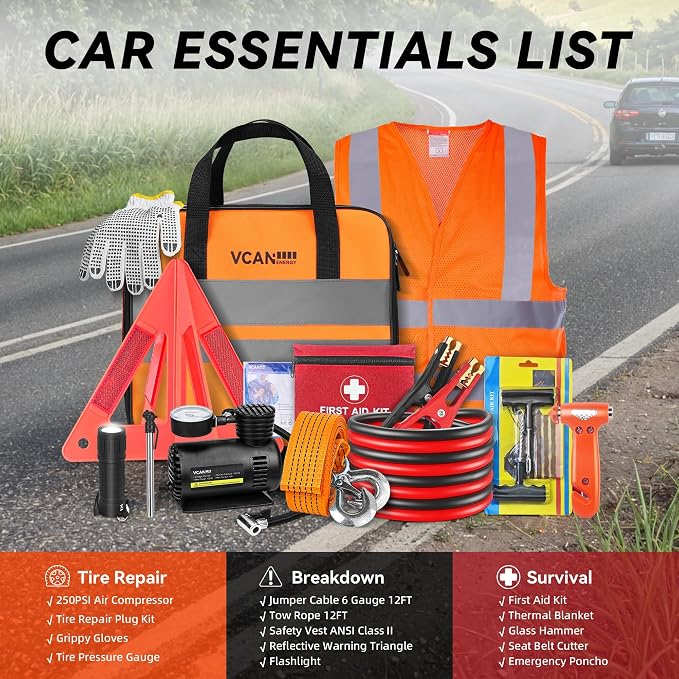 VCANENERGY Car Emergency Safety Kit Bag with Portable Air Compressor, Jumper Cables,First Aid Kit, Tire Pressure Gauge, Auto Vehicle Safety Road Side Assistance Kits Essentials,for Women, Men, Teen