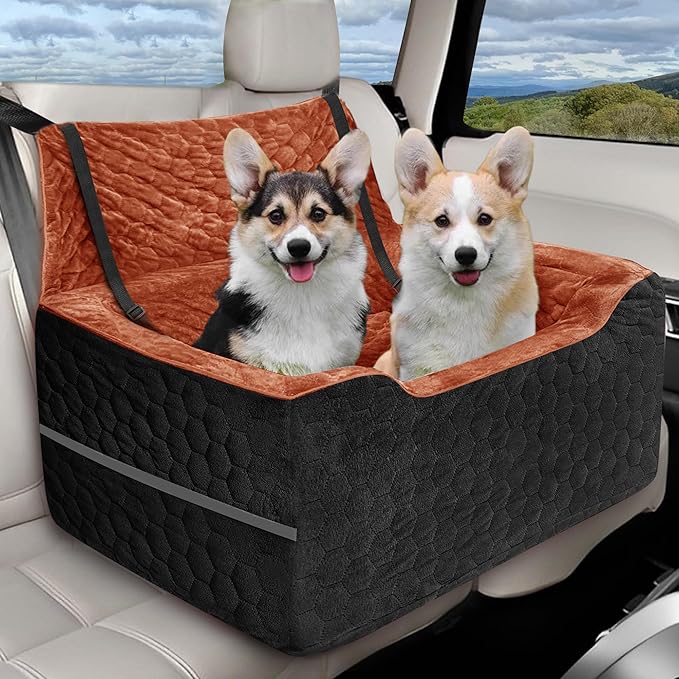 Dog Car Seat for Medium/Large Dog Booster Seat Under 60 lbs or 2 Small Dogs, Multi-Functional Pet Car Seat with Thick Cushion, 2 Safety Leashes (Black/Red Brown, Medium)