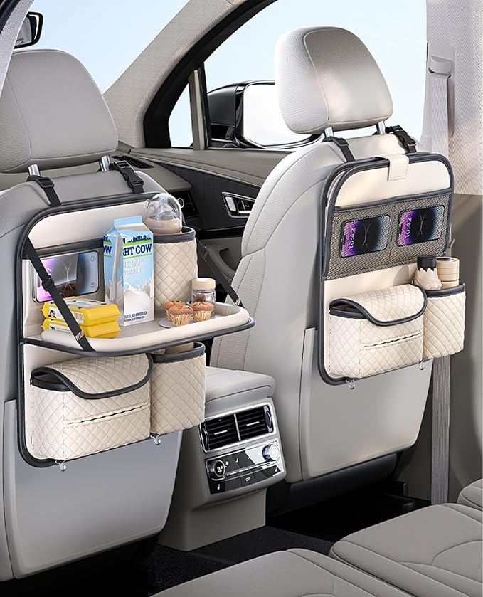 PU Leather Backseat Car Organizer with Tray, Cup Holder, Tablet Pocket & Tissue Holder, Back Seat Car Organizer for Kids and Women, Universal Car Seat Storage Organizer (Beige)