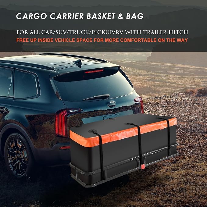 Hitch Mount Cargo Carrier Basket 53"*19"*5"+Waterproof Bag 9 Cubic Feet(51"*17"*18"),and Cargo Net with Attachment Hooks,Ratchet Straps,Hitch Stabilizer.500 Lbs Capacity,fit 2" Receiver