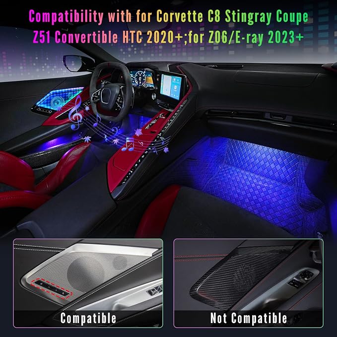 Door Speaker Relays Cover Trim w/Neon Accent Lights fit for C8 Corvette 2019-2024,LED Ambient Foot Lights,Atmosphere Door Storage Box Lamps,Voice APP Button Switching Control,RGB