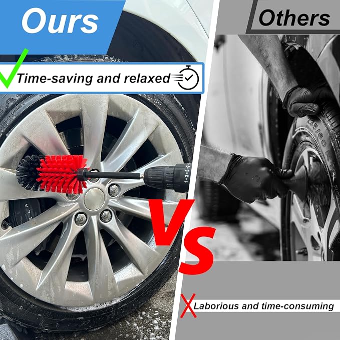 Wheel Brush Kit, Soft Drill Wheel Cleaner Brush, No Scratches Highly Dense Car Cleaning Brush Set for Wheels, Rims, Engines, Exhaust(Red/Black,2Pcs)