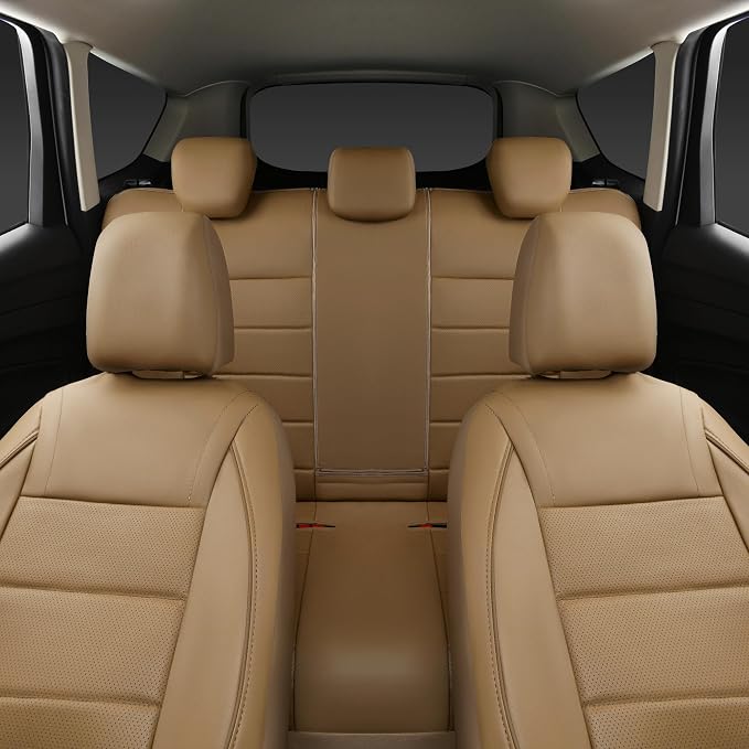 CAR PASS Piping Leather Seat Cover,Universal FIT with Composite Sponge Inside,Airbag Compatible and Reserved Opening Holes,Inside zipper for Cars,Sedan,SUV,Truck(Full Set,Beige with Tan Piping-Stripe)