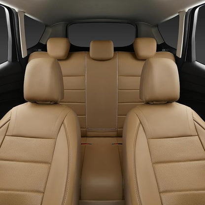 CAR PASS Piping Leather Seat Cover,Universal FIT with Composite Sponge Inside,Airbag Compatible and Reserved Opening Holes,Inside zipper for Cars,Sedan,SUV,Truck(Full Set,Beige with Tan Piping-Stripe)