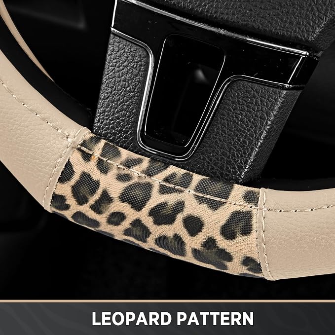 Road Comforts Steering Wheel Cover - Flat Bottom Wheel Cover Made with PVC Leather and Leopard Fabric - Universal Fit for 15-Inch D-Shaped Automotive Steering Wheels (Milky White)