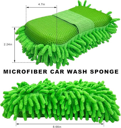 Microfiber Car Wash Sponge, Scratch-Free Vehicle Washing Mitt with Chenille & Mesh Sides, Highly Absorbent Sponge Lint-Free Cleaning Tool for Car Washing & Detailing (Green)