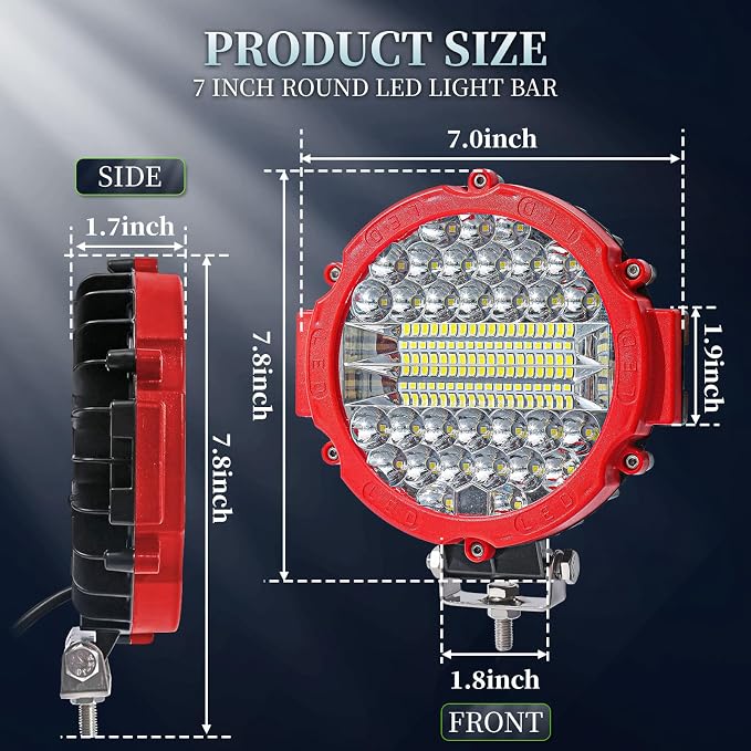 7 Inch Round Super Bright LED Off Road Lights 201W 10000LM Waterproof Combo Beam Work Light Pods, Driving Fog Lights for Truck ATV UTV SUV Pickup Tractor (PACK OF 2 RED WITH WIRING)