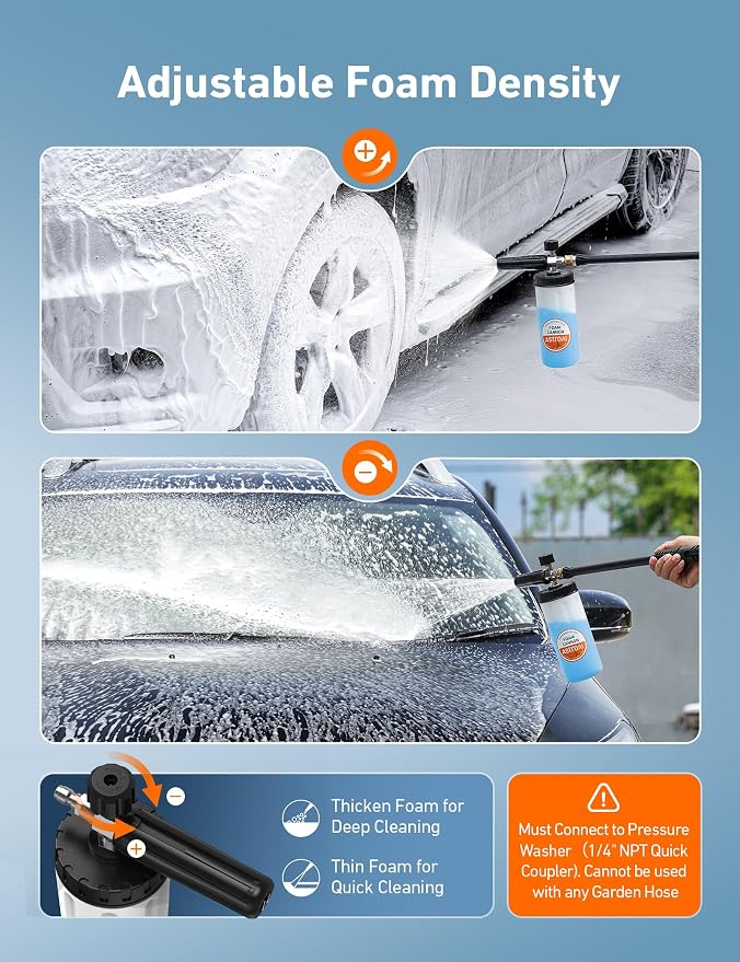 AstroAI Foam Cannon for Pressure Washer, Wide Neck Car Wash Foam Sprayer with 1/4" Quick Connect Plug, Adjustable Nozzle Dense Foam, Detailing Accessories for Cars, Bikes & Home Cleaning, 1 Liter