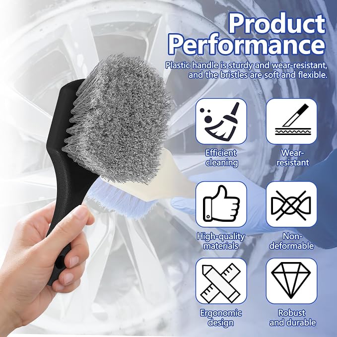 Hovom Car Wash Brush for Tire & Wheel Rim, Soft Bristle Wheel Cleaning Brushes, Short Handle Tire Cleaner Brush Releases Dirt and Road Grime, Universal Car Cleaning Supplies (Black)