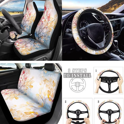 Forest Car Seat Cover Set of 10, Watercolor Tree Leaf Soft Automotive Rear Front Seat Protector Car Cover, Colorful Abstract Cherry Blossom Safety Belt Coaster Keychain