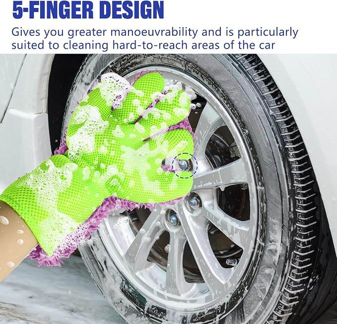 2PCS Car Wash Mitt, 5 Finger Chenille Microfiber Cleaning Mitt for Cars, Scratch-Free Auto Washing Gloves, Car Interior Exterior Cleaning Gloves, Great for Hard-to-Reach Areas (Purple)