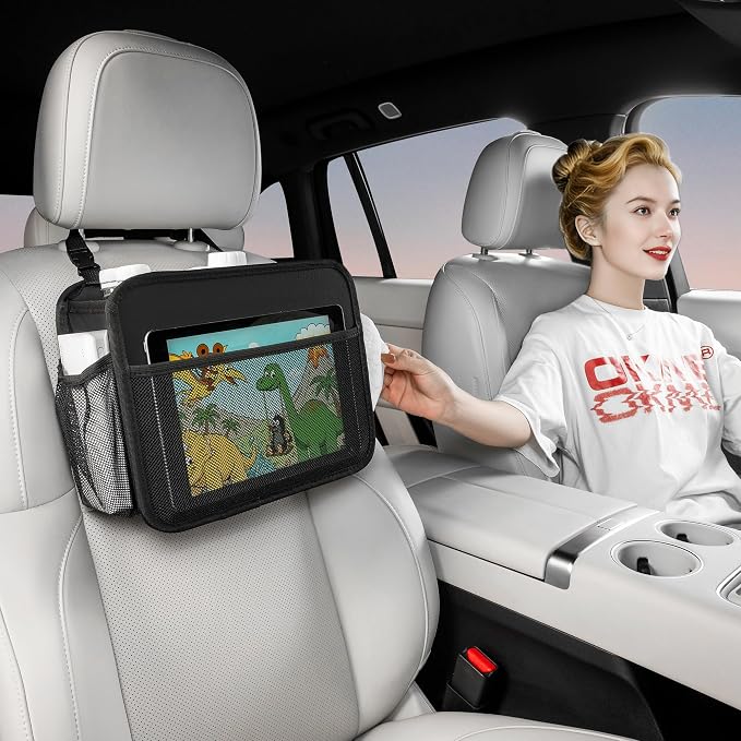 Car Organizer Bag for Back Seat Front Seat or Between Seats Premium PU Leather Hanging Storage Caddy with Tablet Holder Tissue Box Cup Bottle Holders Mesh Pockets for Kids Adults