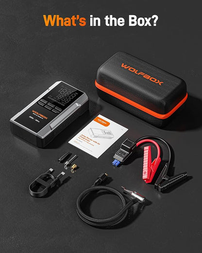 WOLFBOX MV16A 3000A Jump Starter with Air Compressor, 59.2Wh&160PSI Portable Car Battery Jump Starter with 65W Fast Charging, 12V Battery Pack (8L Gas 6L Diesel) with Boost, Light and Jumper Cables