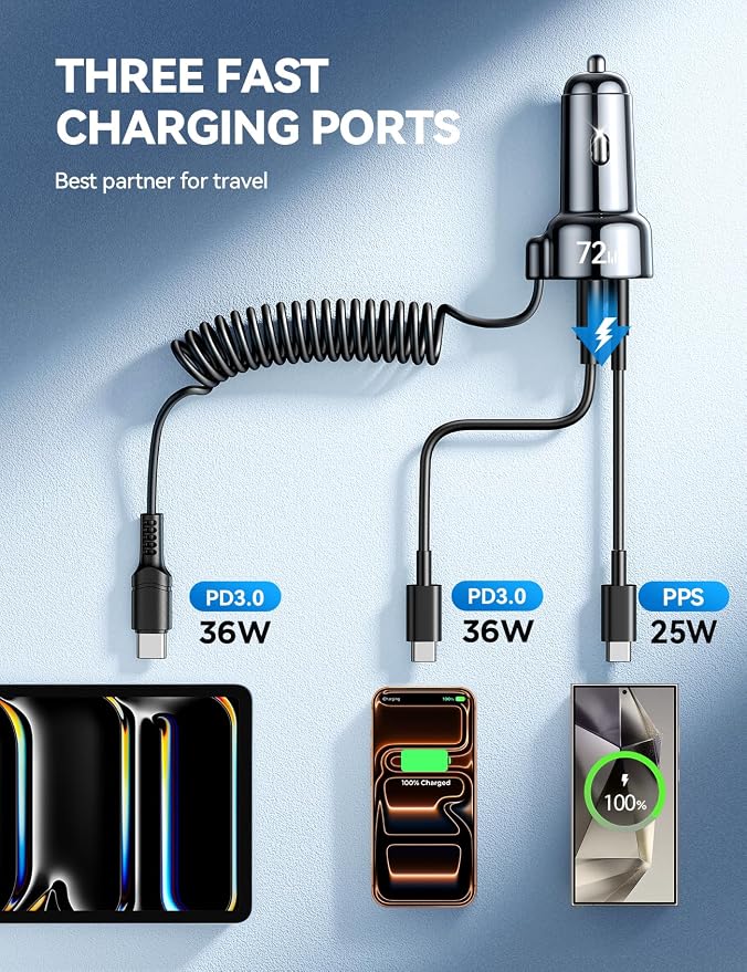 72W Car Charger USB C for iPhone 17/16, 36W Super Fast Charging Type C Coiled Cable for iPhone 17/16 Pro Max Plus/Samsung S25/S24/S23/Pixel 10 Car Phone Charger Adapter for Pixel/Android, iPad Pro