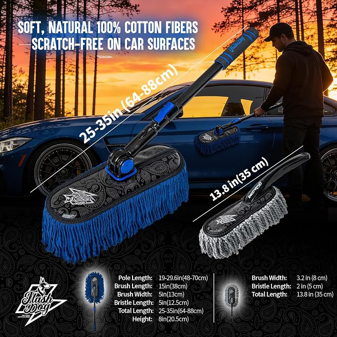 Flash Dog Car Duster Exterior & Interior Duster Aluminum Alloy Extendable Handle and Wax Cotton Strands Scratch-Free Cleaning for Cars, SUVs, RVs | Waterless Dust & Pollen Remover