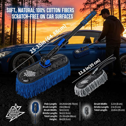 Flash Dog Car Duster Exterior & Interior Duster Aluminum Alloy Extendable Handle and Wax Cotton Strands Scratch-Free Cleaning for Cars, SUVs, RVs | Waterless Dust & Pollen Remover