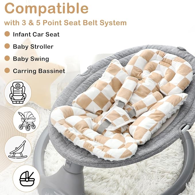 DILIMI Infant Car Seat Insert, Baby Car Seat Head Support with 3 Strap Paddings, Soft Newborn Car Seat Cushion for Stroller, Swing, Bouncers, Brown Checkered