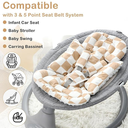 DILIMI Infant Car Seat Insert, Baby Car Seat Head Support with 3 Strap Paddings, Soft Newborn Car Seat Cushion for Stroller, Swing, Bouncers, Brown Checkered