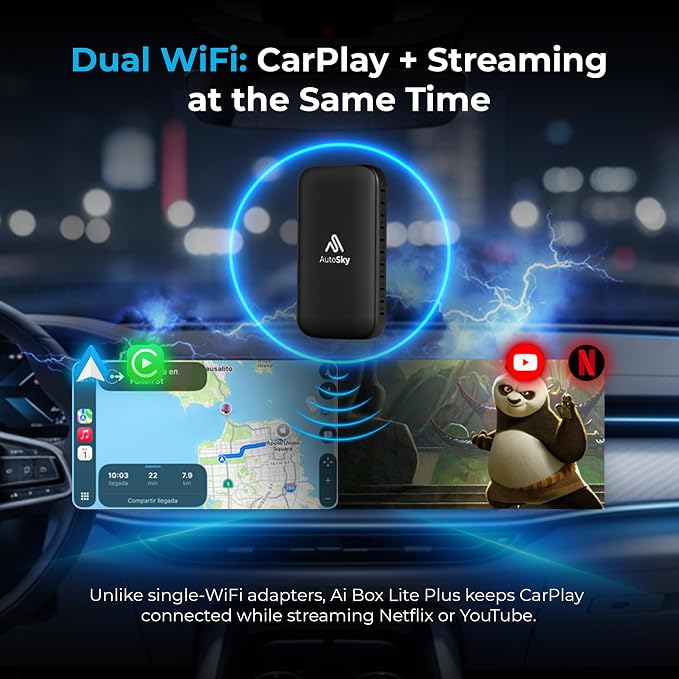 AUTOSKY LITE Box Dual Plus 2026 – Wireless CarPlay & Android Auto Adapter – Dual WiFi Module – Netflix & YouTube Support – Stable Connection, No Reconnect Needed