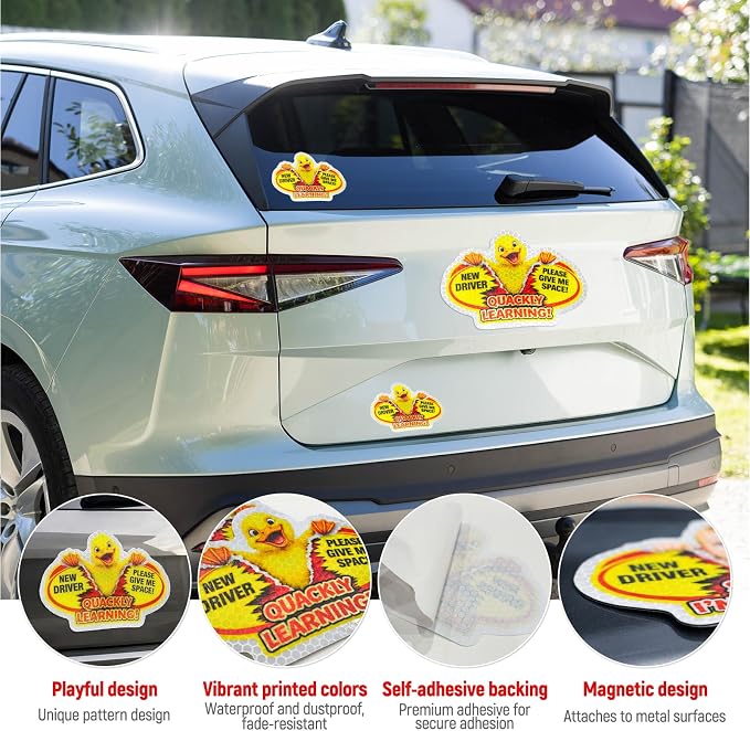 3 Pcs Reflective Student Driver Magnet and Stickers Set - Funny Animal New Driver Safety Signs for Car, Waterproof & Weatherproof High Visibility Vehicle Bumper Decals, Magnet + Stickers (Duck)