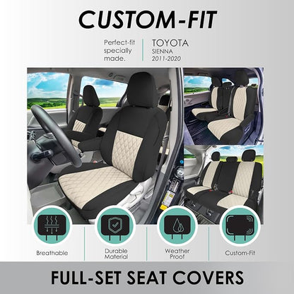 FH Group Custom Fit Car Seat Covers Specifically Made for Toyota Sienna 2011-2020, Car Seat Cover Full Set, 8 Seater Automotive Seat Covers in Beige Neoprene, Waterproof and Washable Seat Covers
