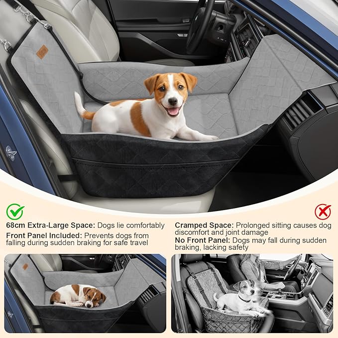 Elevated Dog Car Seat, Dog Booster Car Seats for Small & Medium Breeds Up to 35lbs, Fully Detachable and Washable, Soft Foam Pet Carseat with 2 Storage Pockets & 3 Safety Belts, Black & Gray