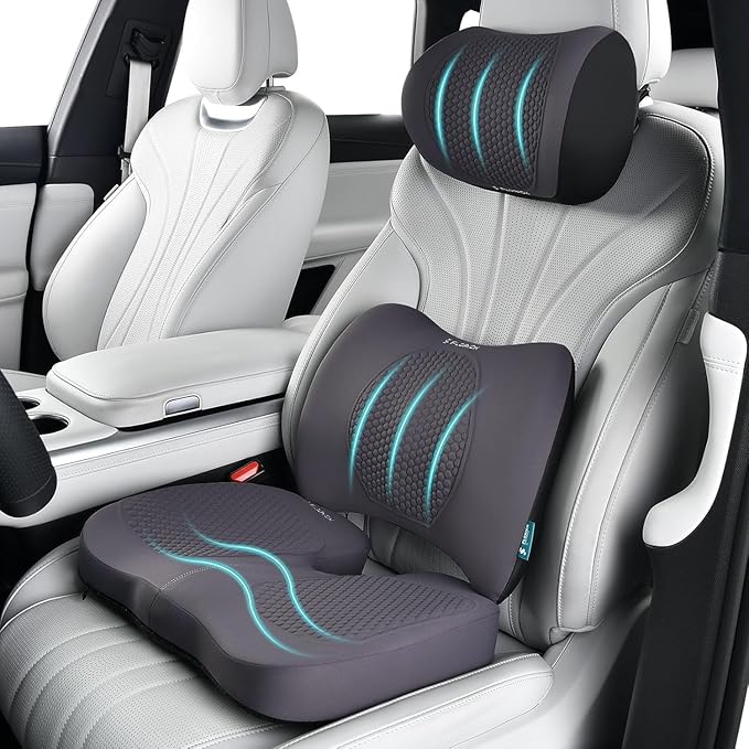 FLORICH 3 PCS Seat Cushion for Carseat Lumbar Support Pillow Car Neck Headrest Pillows Memory Foam Gel Memory Foam Massage Point Seat Pads Pressure Relief Back Cushion for Office Chair(Light Grey)