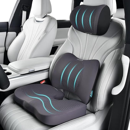 FLORICH 3 PCS Seat Cushion for Carseat Lumbar Support Pillow Car Neck Headrest Pillows Memory Foam Gel Memory Foam Massage Point Seat Pads Pressure Relief Back Cushion for Office Chair(Light Grey)
