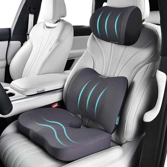FLORICH 3 PCS Seat Cushion for Carseat Lumbar Support Pillow Car Neck Headrest Pillows Memory Foam Gel Memory Foam Massage Point Seat Pads Pressure Relief Back Cushion for Office Chair(Light Grey)