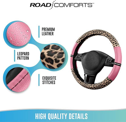 Road Comforts Leopard Steering Wheel Cover for Women, Cute Anti-Slip Microfiber Leather, Universal Fit 14.5-15 Inch Round Steering Wheel - Pink