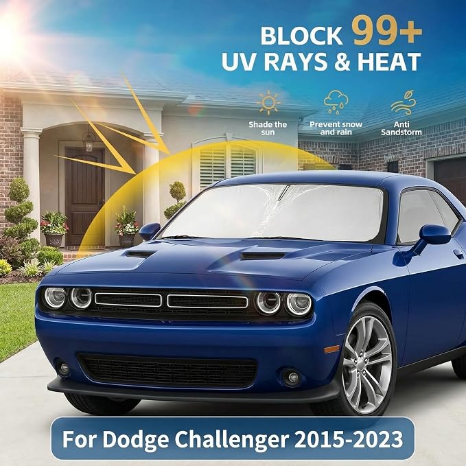 Windshield Sun Shade for Dodge Challenger 2015-2023 Sunshade Front Window Shade Custom Fit Challenger Accessories Sun Visor Foldable Shade Blocks UV Rays Accessories