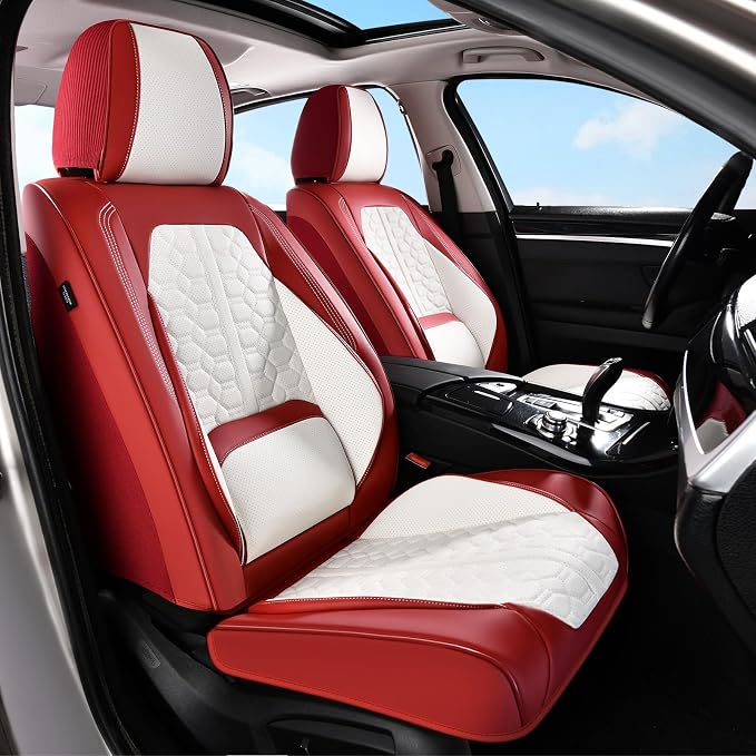 Huidasource Leather Seat Covers Universal Fit for Most Cars SUV Trucks, Waterproof Full-Cover Seat Covers Front Seat, Car Seat Cushion Cover Protector with Lumbar Support, Red & White