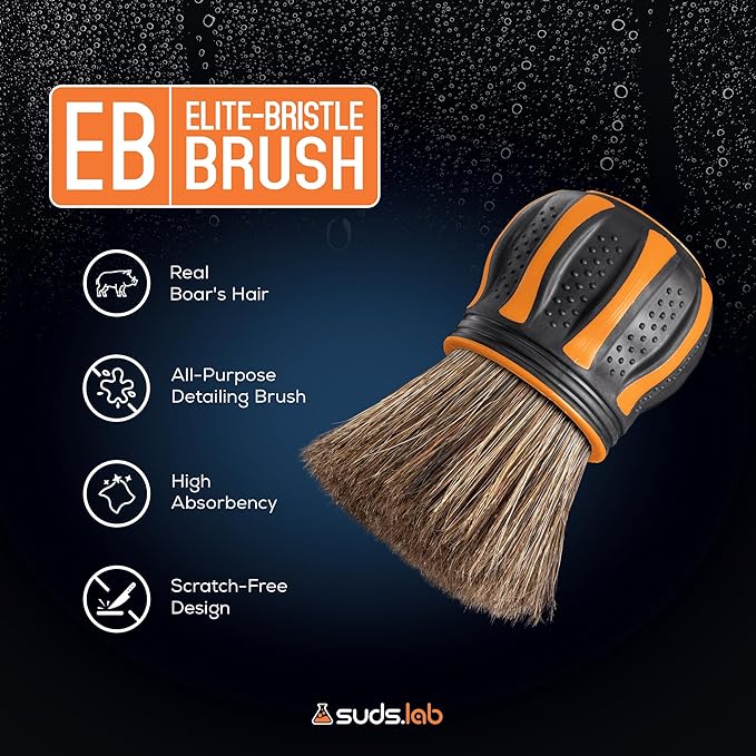 Suds Lab Elite-Bristle Boar’s Hair Car Detailing Brush – Deep Cleaning Car Detail Brush with Stand – Metal-Free, High Absorbency Detailing Tool for Scratch-Free Interior & Exterior