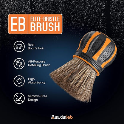 Suds Lab Elite-Bristle Boar’s Hair Car Detailing Brush – Deep Cleaning Car Detail Brush with Stand – Metal-Free, High Absorbency Detailing Tool for Scratch-Free Interior & Exterior