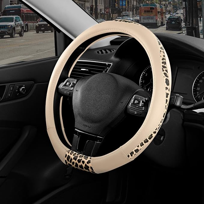 Road Comforts Steering Wheel Cover - Flat Bottom Wheel Cover Made with PVC Leather and Leopard Fabric - Universal Fit for 15-Inch D-Shaped Automotive Steering Wheels (Milky White)