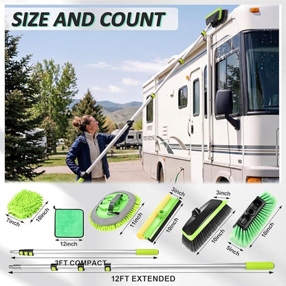 BBTO 12ft Car & RV Wash Brush Kit with Long Extendable Handle RV Car Truck Wash Kit with Hardness Brush Adjustable Chenille Mop Sponge Squeegee Tire Brushes Micro Fiber Towels Chenille Mitt for SUV