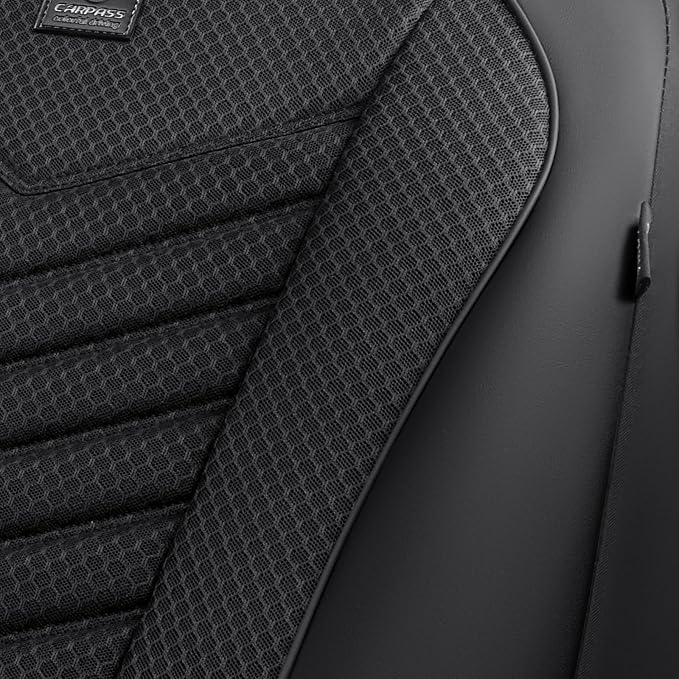 CAR PASS 3D Foam Mesh Leather Seat Covers Front Seats, Breathable Two Front Seat Cover for Cars, Comfortable Universal Fit for SUV Truck Sedan Automotive Anti-Slip Airbag Compatible, All Black