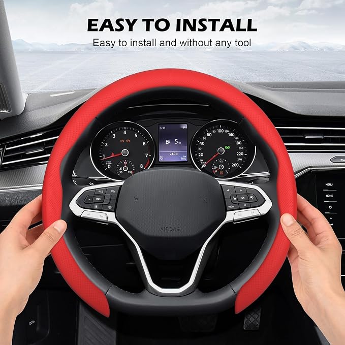 Frani Nappa Leather Steering Wheel Cover,Universal Fit 15 Inch-Premium Non-Slip Breathable Comfort Grip for Cars Trucks SUVs,Anti-Slip Durable Interior Upgrade Red