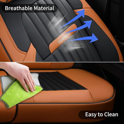 Coverado Car Seat Covers Full Set, Car Seat Protector Car Seat Cushion, Nappa Leather Seat Covers for Cars, Front and Back Seat Protectors Cushions Universal Fit for Most Cars Vehicles(Brown&Black)