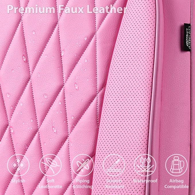 CAR PASS Piping Luxury Leather Two Front Car Seat Covers, Cute Girly Waterproof Anti Slip Seat Covers Compatible with Front Seat Armrests,Universal Fit for Suvs,Vans,Trucks,Airbag Compatible(All Pink)
