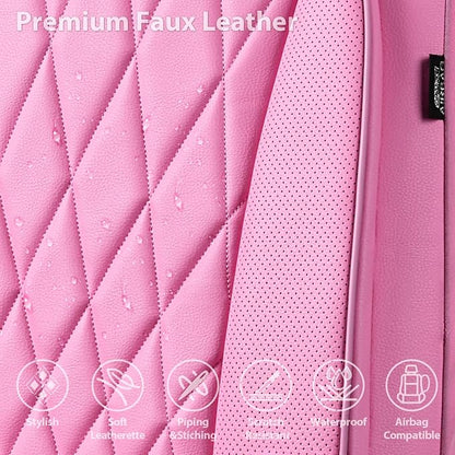 CAR PASS Piping Luxury Leather Two Front Car Seat Covers, Cute Girly Waterproof Anti Slip Seat Covers Compatible with Front Seat Armrests,Universal Fit for Suvs,Vans,Trucks,Airbag Compatible(All Pink)
