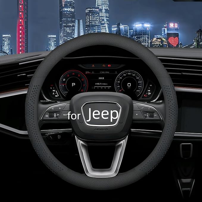 Yangday Leather Steering Wheel Cover for Jeep Wrangler Grand Cherokee Compass, 14.5-15 inches Car Steering Wheel Cover with Non-Slip Breathable (Black)