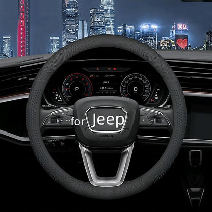 Yangday Leather Steering Wheel Cover for Jeep Wrangler Grand Cherokee Compass, 14.5-15 inches Car Steering Wheel Cover with Non-Slip Breathable (Black)