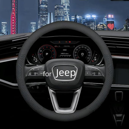 Yangday Leather Steering Wheel Cover for Jeep Wrangler Grand Cherokee Compass, 14.5-15 inches Car Steering Wheel Cover with Non-Slip Breathable (Black)