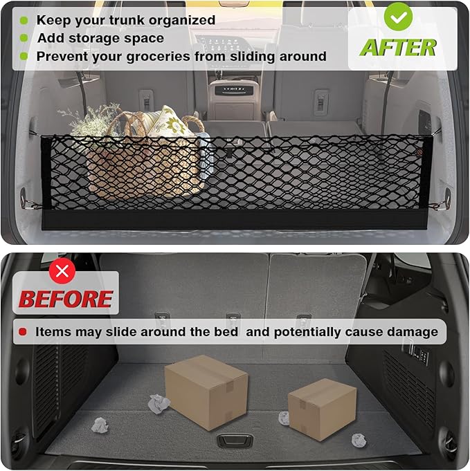 Muslogy Truck Bed Cargo Net Trunk Netting Compatible with 2015-2020 Chevy Suburban | GMC Yukon XL Accessories, Pickup Cargo Organizer SUV Sedan Storage Net w/Heavy Duty Carabiners