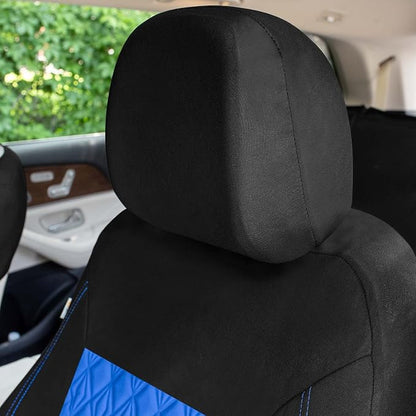 Universal Fit Diamond Stitched Flat Cloth Car Seat Covers Full Set - Blue