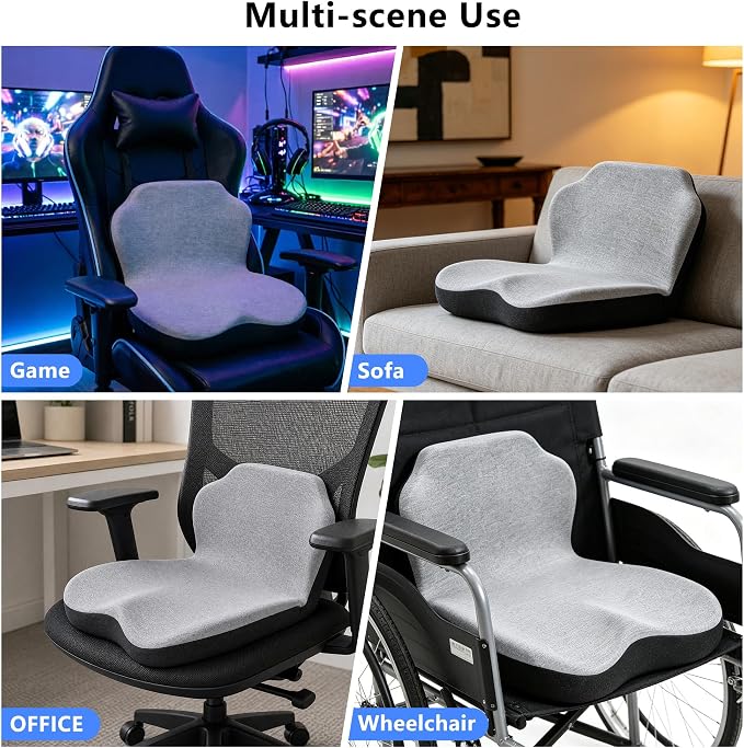 Memory Foam Truck Seat Cushion & Lumbar Support Set – Ergonomic U-Shape Tailbone Relief + L-Shape Back Cushion for Long-Haul Semi/Pickup Drivers Breathathable Cover Non-Slip Bottom Light Gray